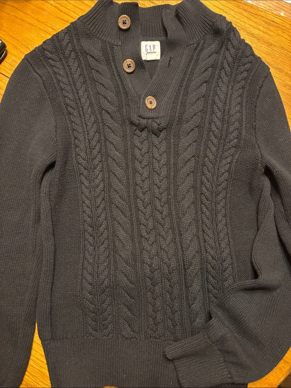 GAP Black Cable-Knit Button Mock Neck Sweater